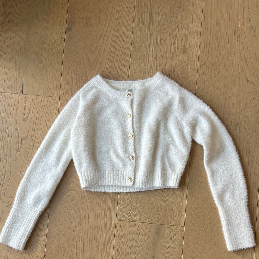 Altar'd State Cream Cropped Fuzzy Button Cardigan
